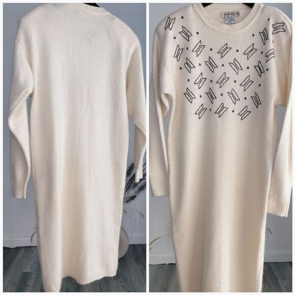 Liz Claiborne Vintage Ivory Cream Beaded Lambswool Angora And Rabbit Sweater Dre - Picture 3 of 5